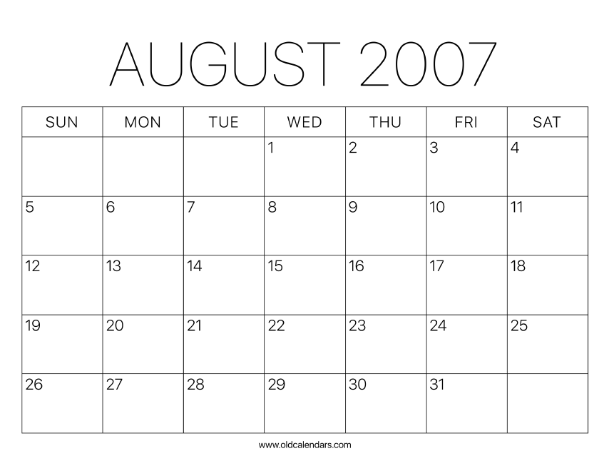 2007 Calendar August Printable Old Calendars