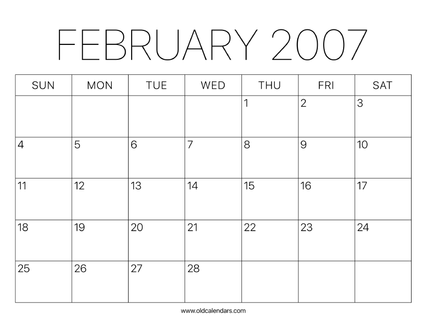 2007 Calendar February – Printable Old Calendars 2007 Calendar February – Printable Old Calendars