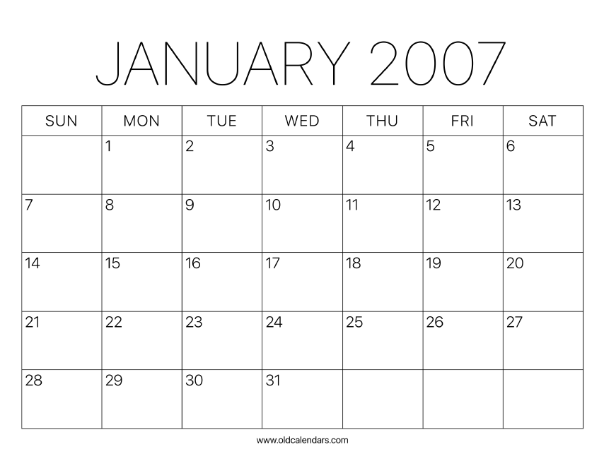 2007 Calendar January – Printable Old Calendars