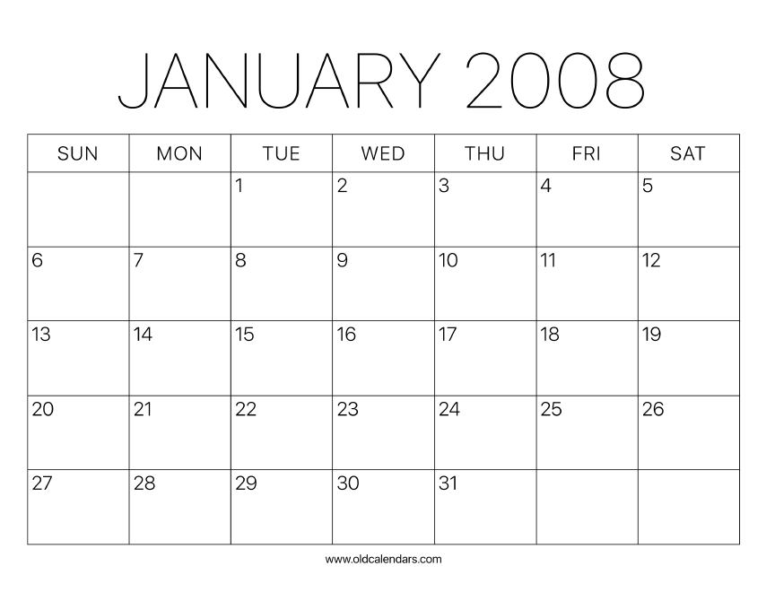 2008 Calendar January Printable Old Calendars