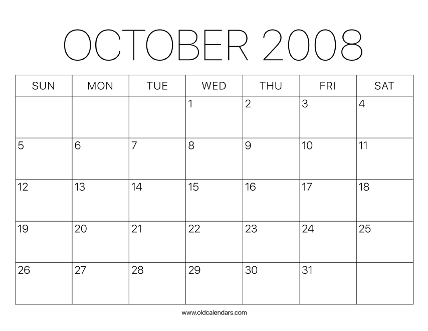 2008 Calendar October – Printable Old Calendars