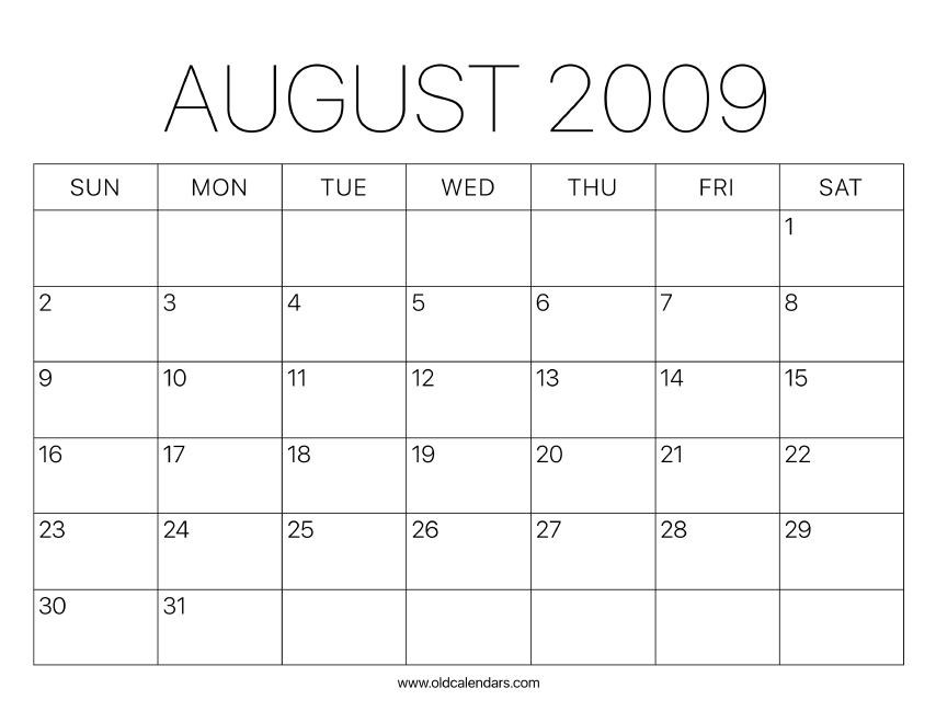 2009 Calendar August – Printable Old Calendars