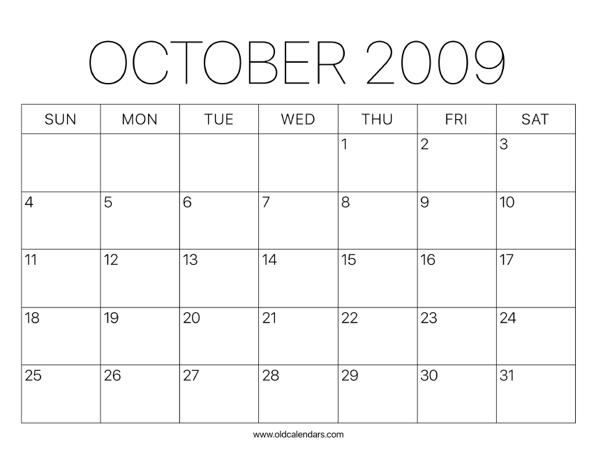 2009 Calendar October Printable Old Calendars