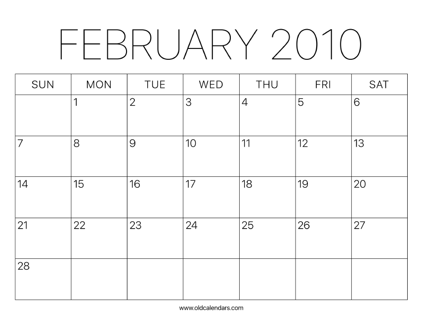 2010 Calendar February – Printable Old Calendars