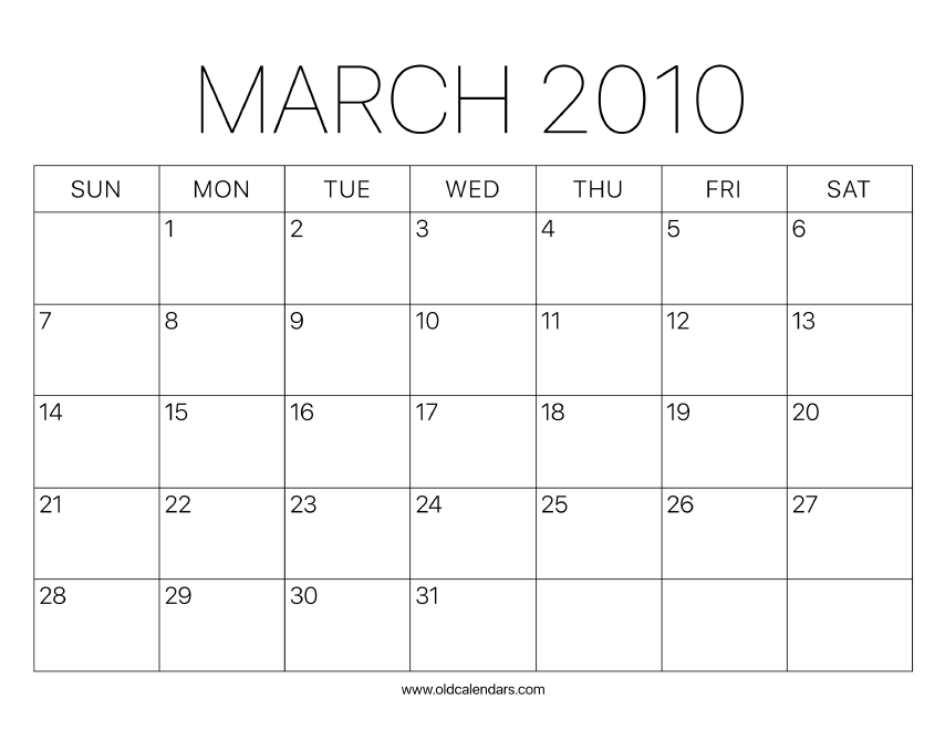 2010 Calendar March – Printable Old Calendars