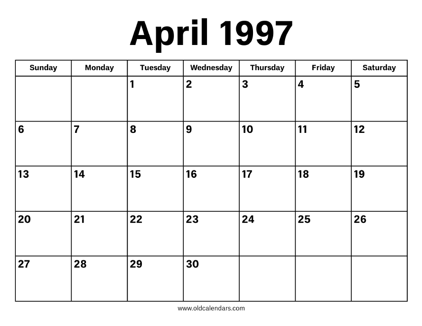 April 1997 Calendar Printable Old Calendars April 1997 Calendar Printable Old Calendars