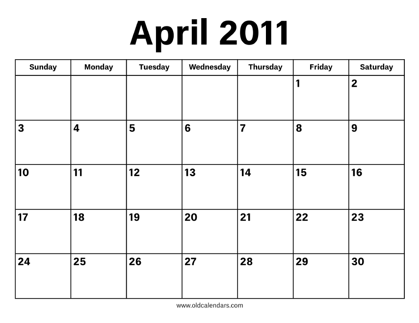 April 2011 Calendar – Printable Old Calendars