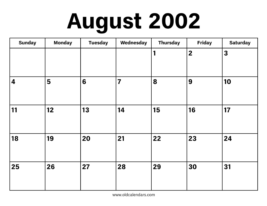 August 2002 Calendar Printable Old Calendars August 2002 Calendar Printable Old Calendars