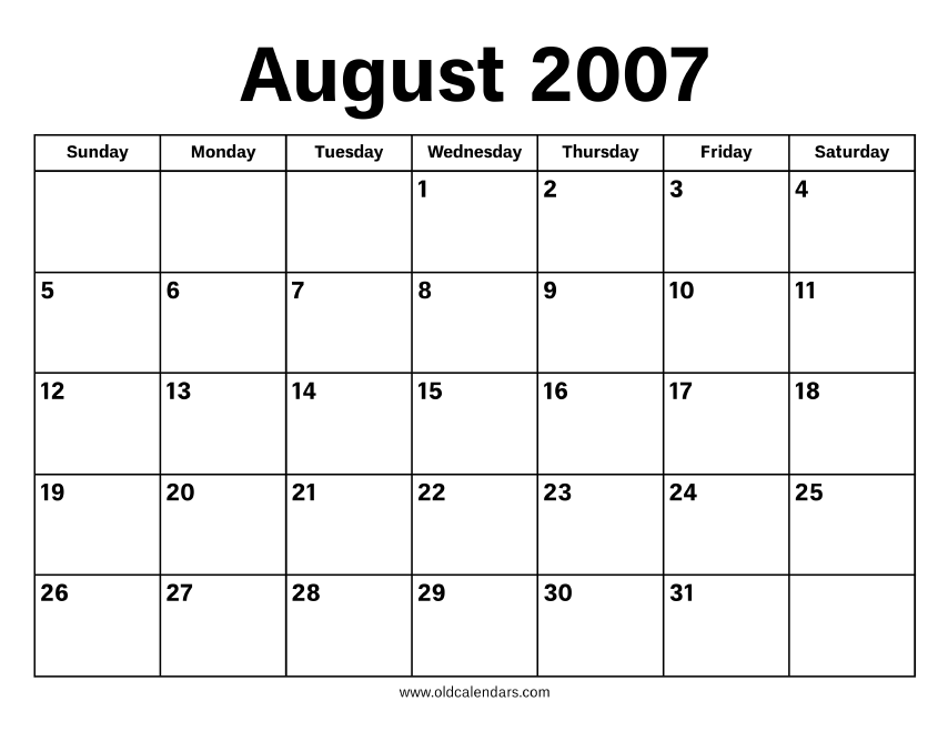 August 2007 Calendar – Printable Old Calendars