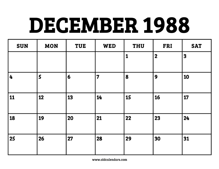 Calendar December 1988 – Printable Old Calendars