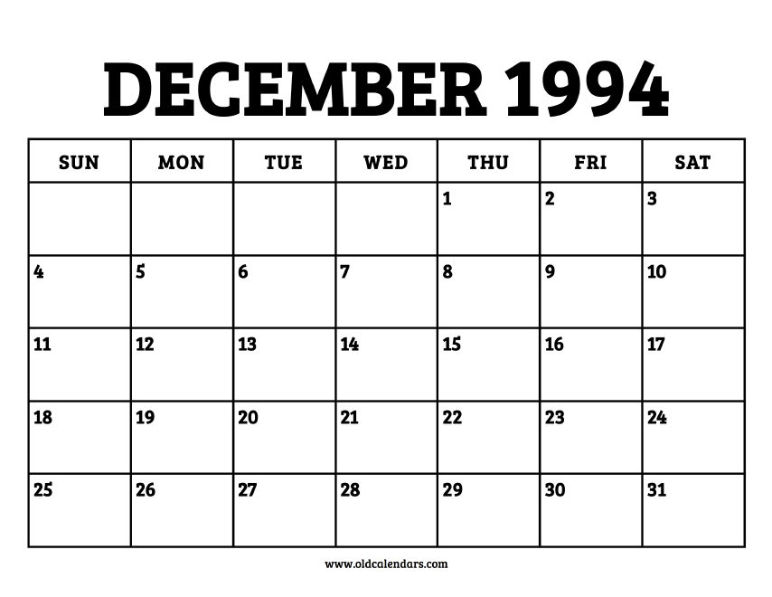 Calendar December 1994 – Printable Old Calendars Calendar December 1994 – Printable Old Calendars