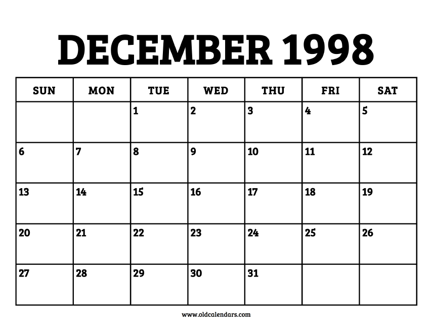 Calendar December 1998 Printable Old Calendars