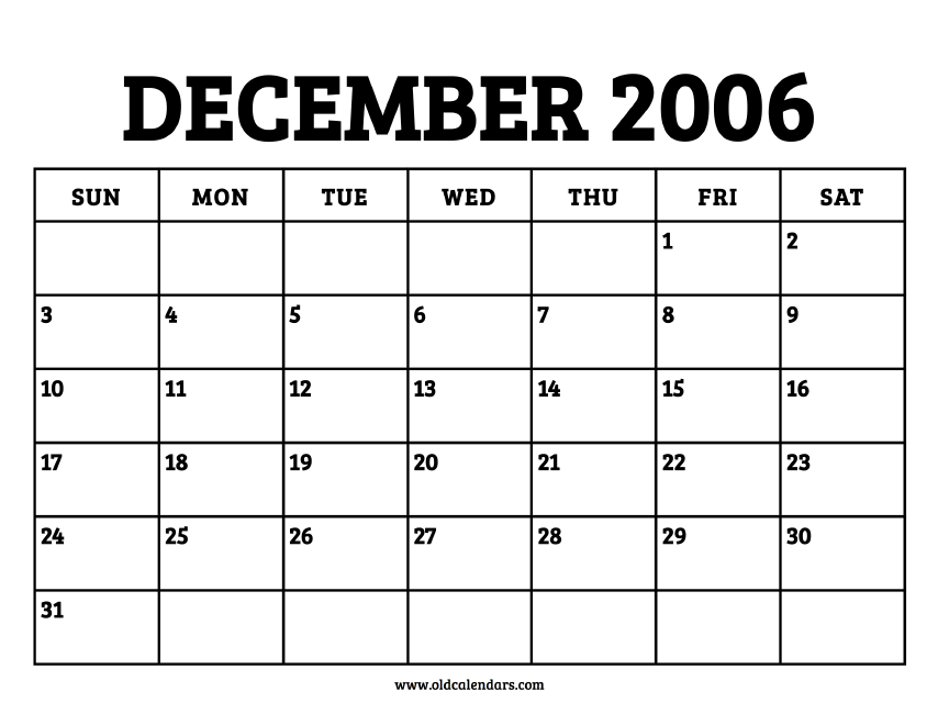 Calendar December 2006 Printable Old Calendars