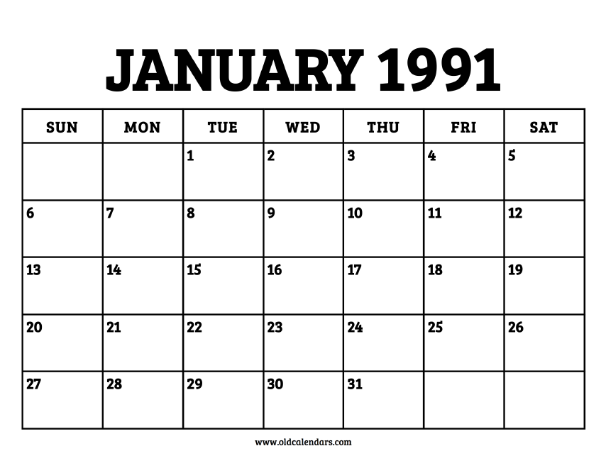 Calendar January 1991 – Printable Old Calendars Calendar January 1991 – Printable Old Calendars