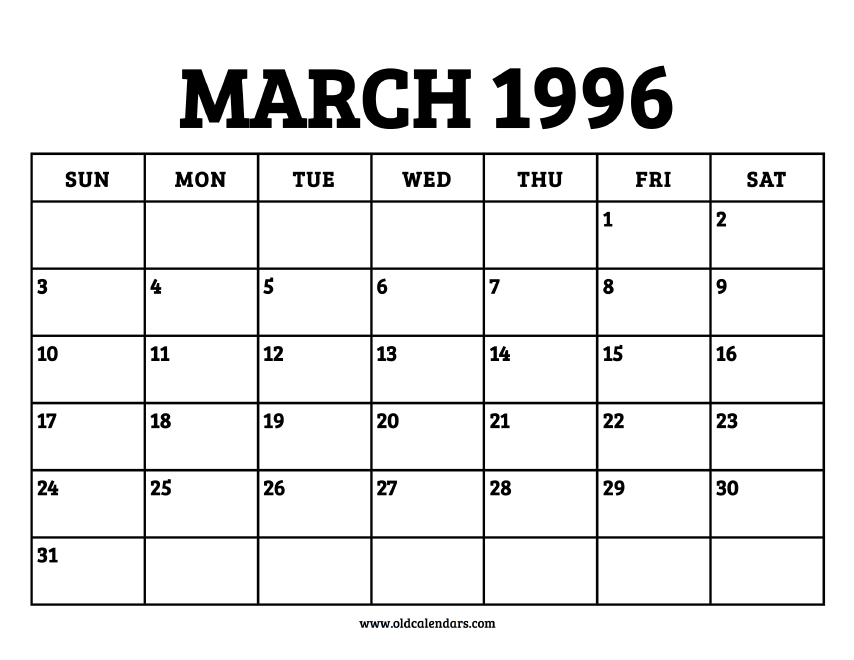 Calendar March 1996 – Printable Old Calendars