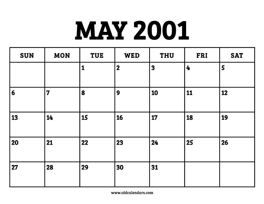 Calendar May 2001 Printable Old Calendars