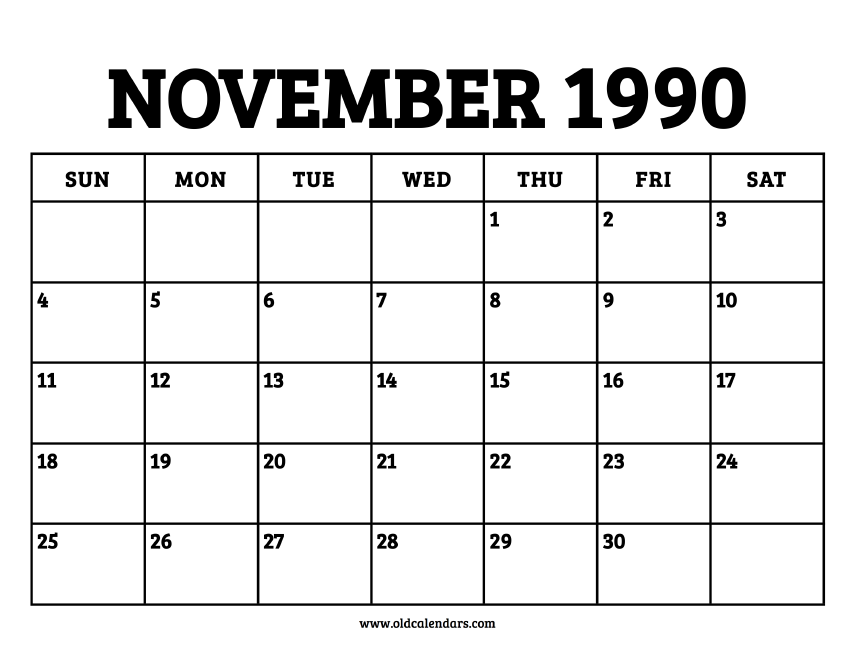 Calendar November 1990 Printable Old Calendars Calendar November 1990 Printable Old Calendars