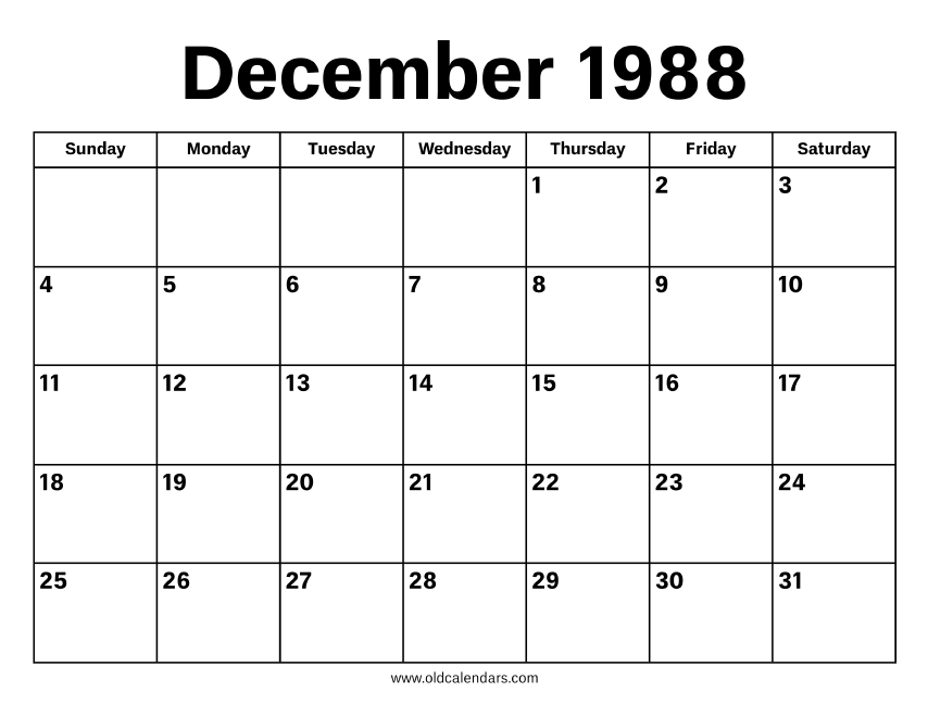 December 1988 Calendar Printable Old Calendars