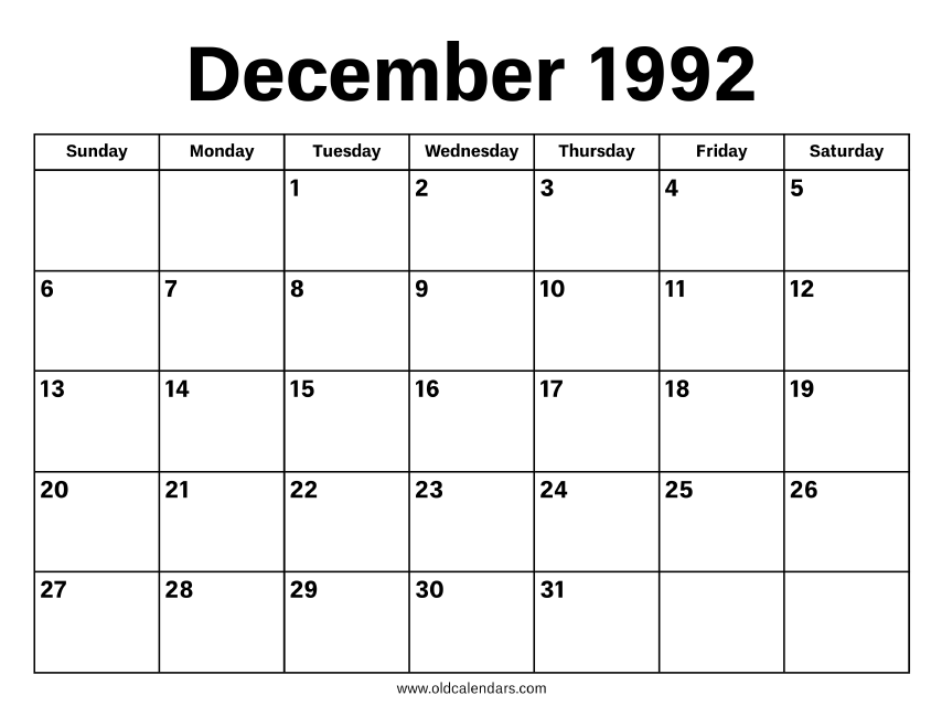 December 1992 Calendar – Printable Old Calendars