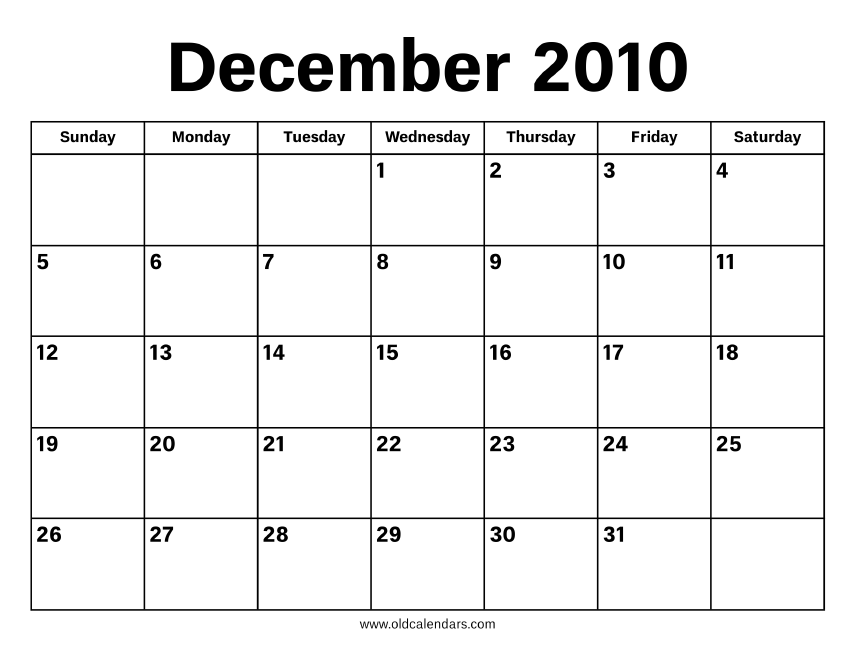 December 2010 Calendar – Printable Old Calendars