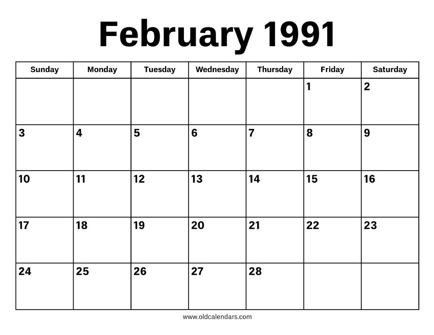 February 1991 Calendar – Printable Old Calendars