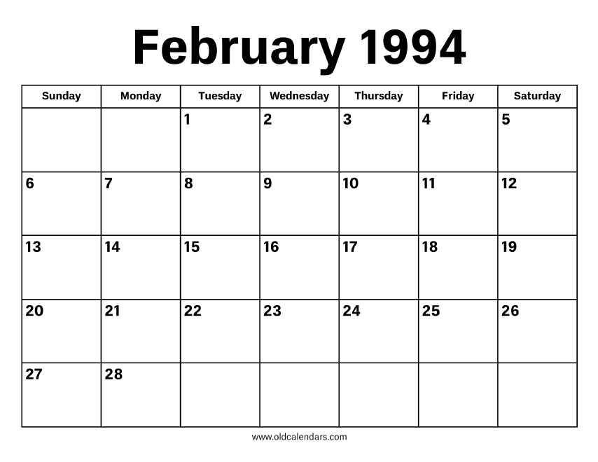 February 1994 Calendar – Printable Old Calendars