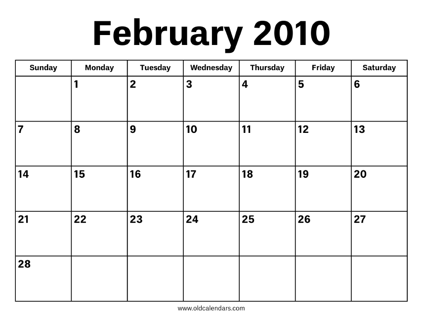 February 2010 Calendar – Printable Old Calendars February 2010 Calendar – Printable Old Calendars