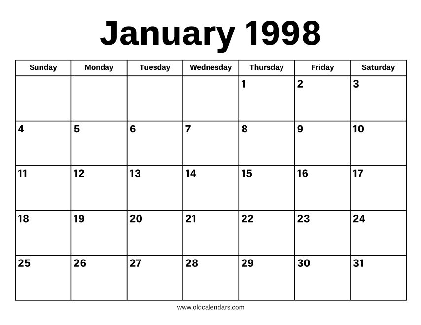 January 1998 Calendar Printable Old Calendars January 1998 Calendar Printable Old Calendars