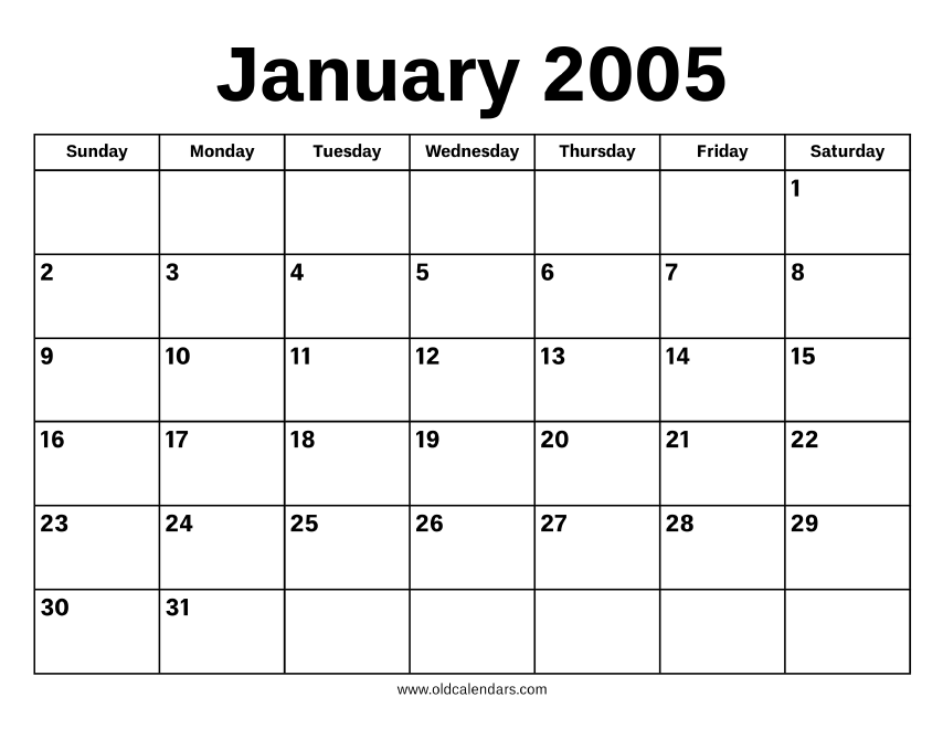 January 2005 Calendar – Printable Old Calendars