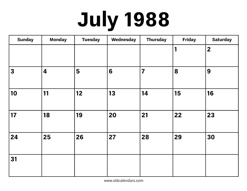 July 1988 Calendar – Printable Old Calendars