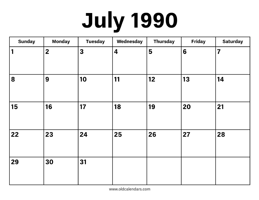 July 1990 Calendar – Printable Old Calendars