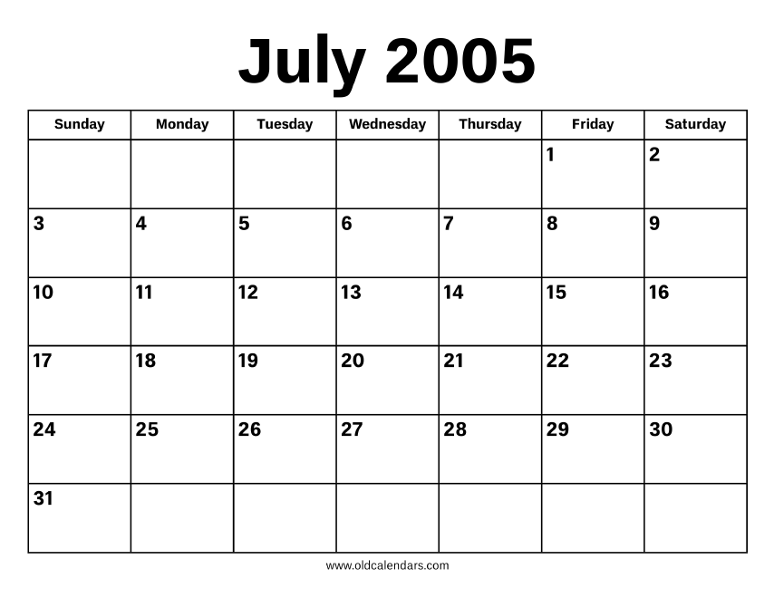 July 2005 Calendar Printable Old Calendars