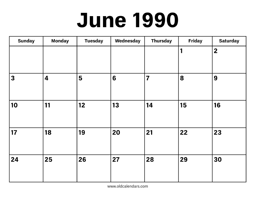 June 1990 Calendar Printable Old Calendars