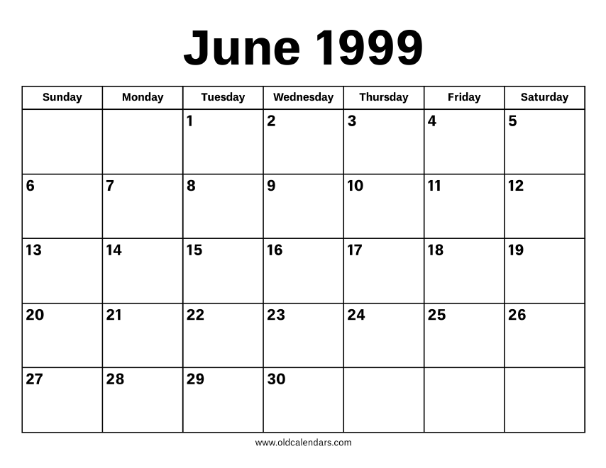 June 1999 Calendar – Printable Old Calendars June 1999 Calendar – Printable Old Calendars