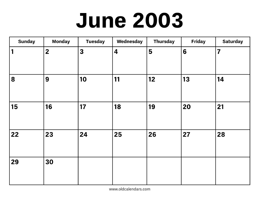 June 2003 Calendar – Printable Old Calendars June 2003 Calendar – Printable Old Calendars