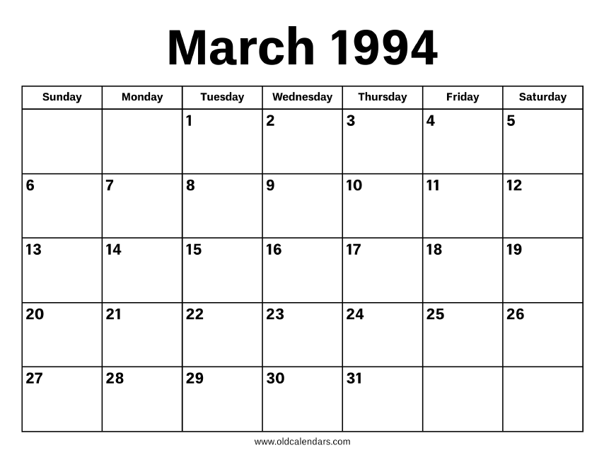 March 1994 Calendar Printable Old Calendars