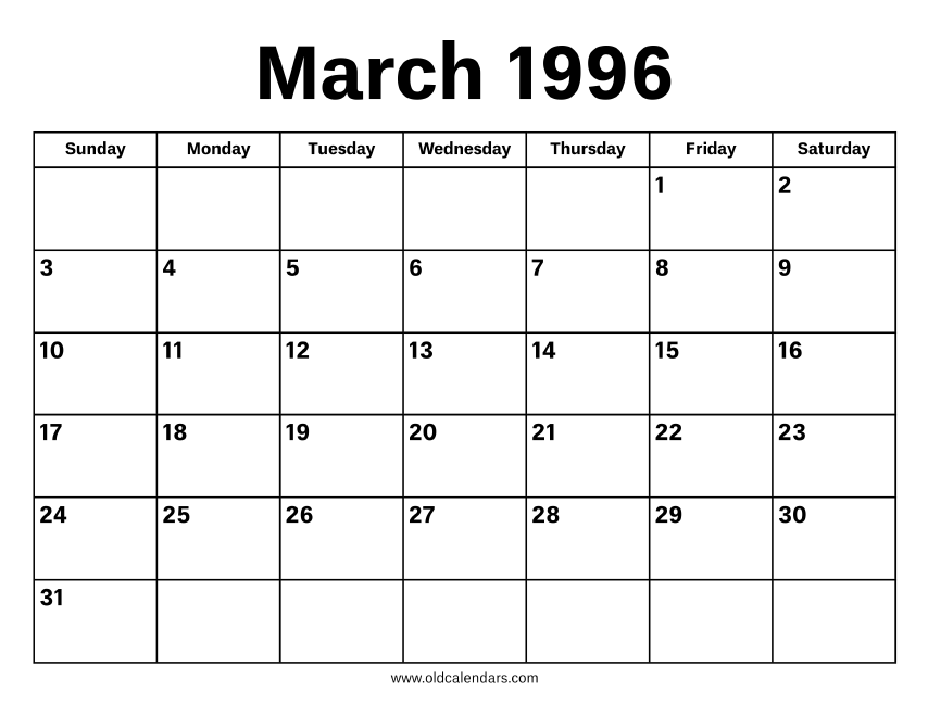 March 1996 Calendar Printable Old Calendars March 1996 Calendar Printable Old Calendars