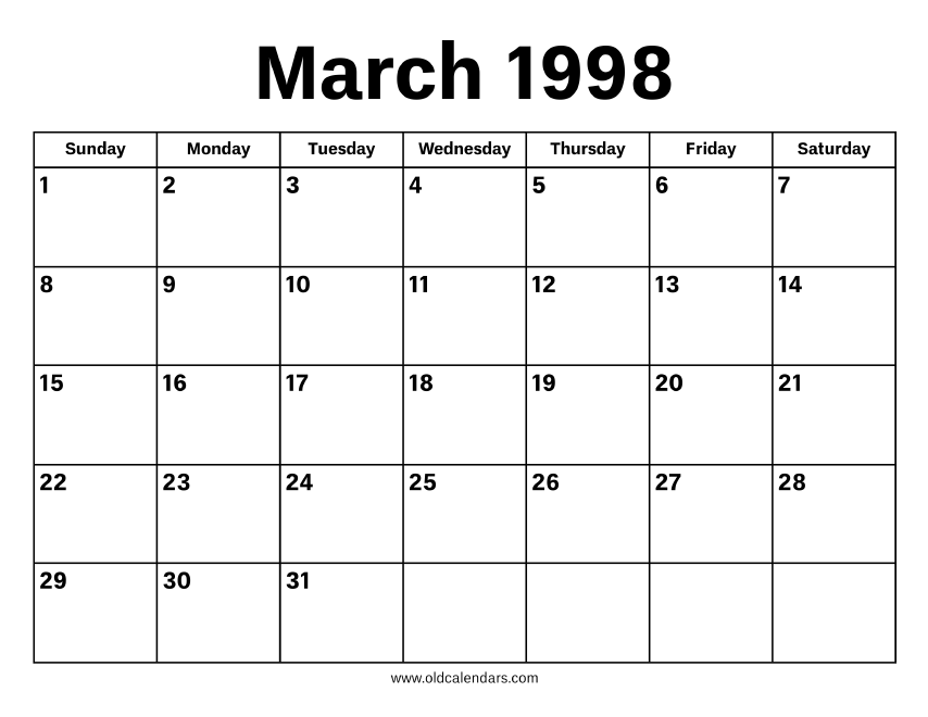 March 1998 Calendar Printable Old Calendars