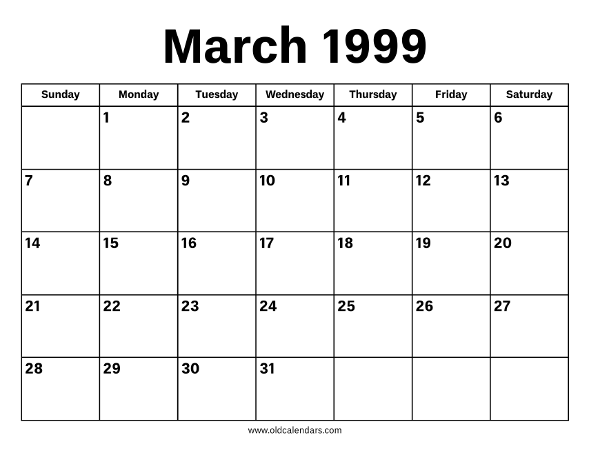 March 1999 Calendar – Printable Old Calendars March 1999 Calendar – Printable Old Calendars
