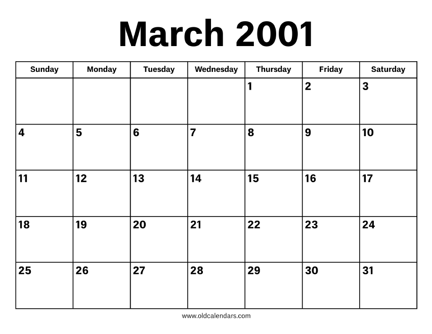 March 2001 Calendar – Printable Old Calendars March 2001 Calendar – Printable Old Calendars