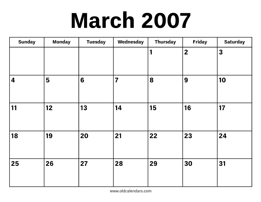 March 2007 Calendar Printable Old Calendars March 2007 Calendar Printable Old Calendars
