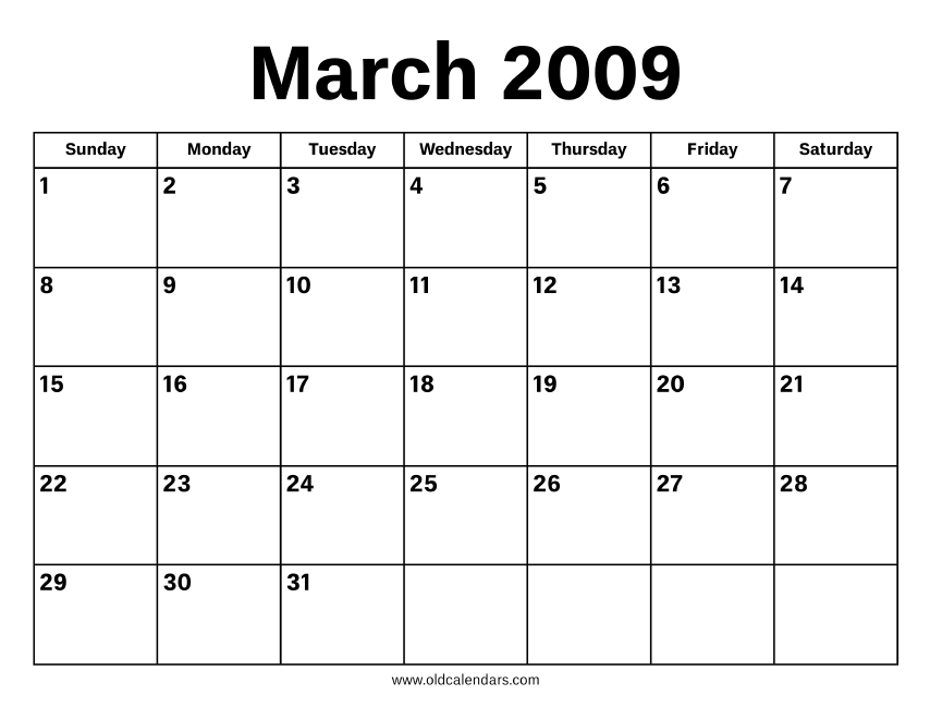 March 2009 Calendar – Printable Old Calendars March 2009 Calendar – Printable Old Calendars