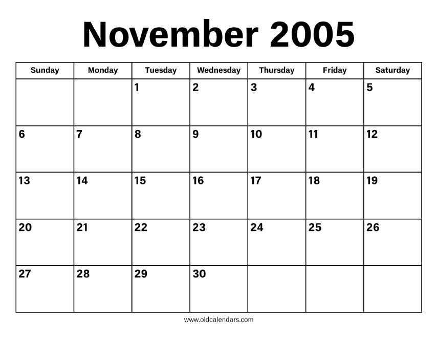 November 2005 Calendar – Printable Old Calendars