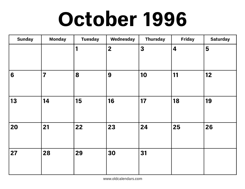 October 1996 Calendar – Printable Old Calendars October 1996 Calendar – Printable Old Calendars