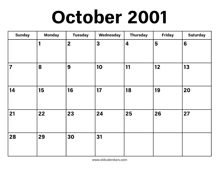October 2001 Calendar Printable Old Calendars