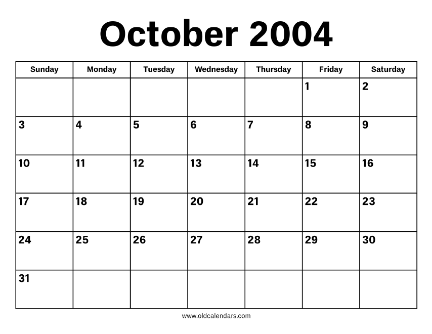 October 2004 Calendar Printable Old Calendars