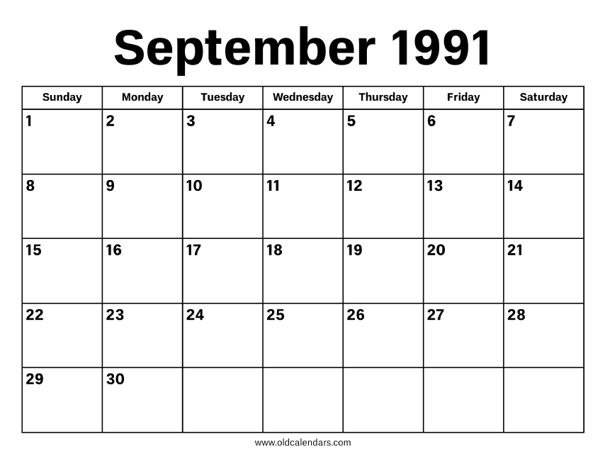 September 1991 Calendar – Printable Old Calendars