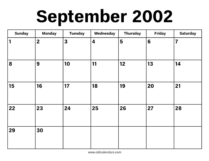 September 2002 Calendar – Printable Old Calendars