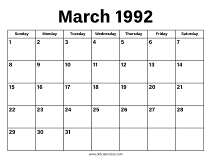 March 1992 Calendar