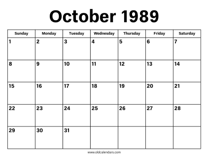 October 1989 Calendar